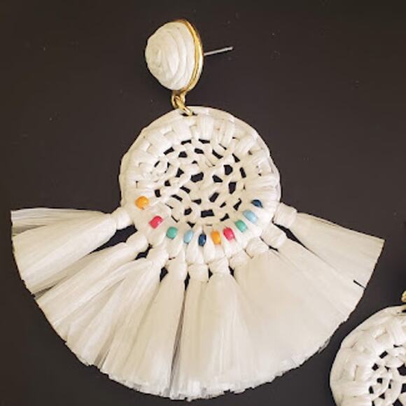 J. Crew Factory Raffia Fan Earrings White Multi-Colored Bead Accents Boho‎ NWT - Picture 3 of 7